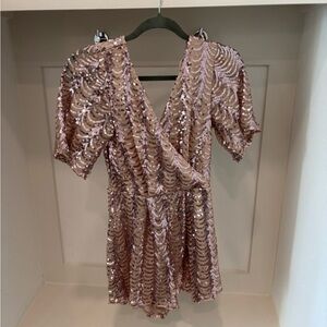 Sequin Wrap Romper in Pink